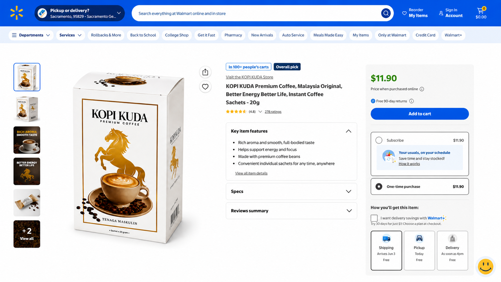 Kopi Kuda product interface on Walmart with high customer rating