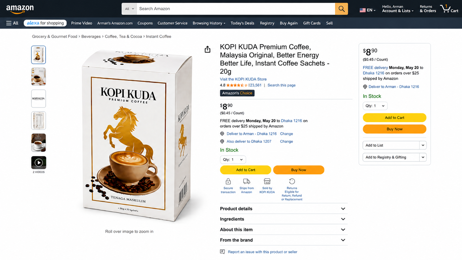 Kopi Kuda product interface on Amazon with high customer rating